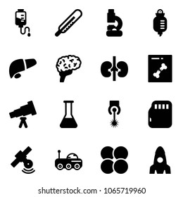 Solid vector icon set - drop counter vector, thermometer, lab, liver, brain, kidneys, x ray, telescope, flask, laser, micro flash card, satellite, moon rover, atom core, rocket