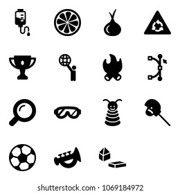 Solid vector icon set - drop counter vector, lemon slice, onion, round motion road sign, gold cup, world, fire, bezier, magnifier, protective glasses, pyramid toy, horse stick, soccer ball, horn