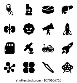 Solid vector icon set - drop counter vector, lab, pill, liver, kidneys, virus, telescope, rocket, micro flash card, satellite, moon rover, molecule, atom core, forceps, ufo toy