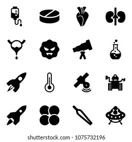 Solid vector icon set - drop counter vector, pill, heart, kidneys, bladder, virus, telescope, round flask, rocket, thermometer, satellite, robot, atom core, forceps, ufo toy