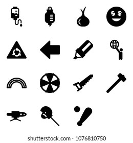 Solid vector icon set - drop counter vector, onion, dollar smile, round motion road sign, left arrow, highlight marker, world, rainbow, parasol, saw, sledgehammer, pipe welding, horse stick toy