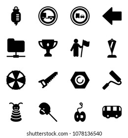 Solid vector icon set - drop counter vector, no trailer road sign, truck overtake, left arrow, network folder, gold cup, win, pennant, parasol, saw, nut, paint roller, pyramid toy, horse stick, yoyo