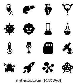 Solid vector icon set - drop counter vector, liver, heart, bladder, virus, flask, round, thermometer, laser, micro flash card, satellite, robot, rocket, molecule, ufo toy