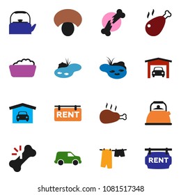 solid vector icon set - drying clothes vector, foam basin, kettle, mushroom, chicken leg, car, broken bone, pond, garage, rent signboard