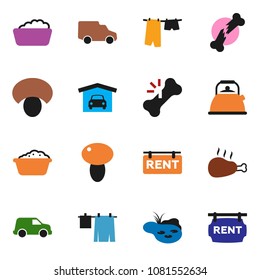 solid vector icon set - drying clothes vector, foam basin, kettle, mushroom, chicken leg, car, broken bone, pond, garage, rent signboard