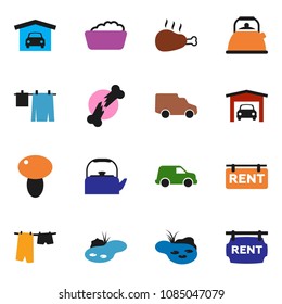 solid vector icon set - drying clothes vector, foam basin, kettle, mushroom, chicken leg, car, broken bone, pond, garage, rent signboard