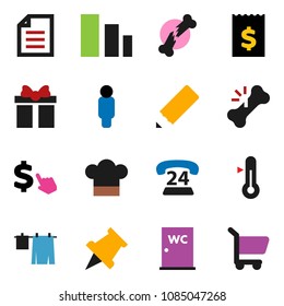solid vector icon set - drying clothes vector, water closet, cook hat, thermometer, pencil, paper pin, document, receipt, man, dollar cursor, phone 24, sorting, broken bone, gift, cart