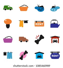solid vector icon set - drying clothes vector, foam basin, kettle, mushroom, car, broken bone, pond, garage, rent signboard