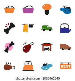 solid vector icon set - drying clothes vector, foam basin, kettle, mushroom, chicken leg, car, broken bone, pond, garage, rent signboard