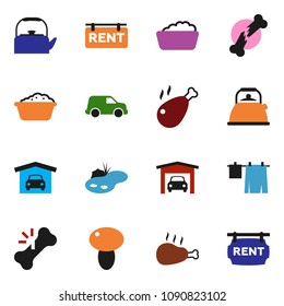 solid vector icon set - drying clothes vector, foam basin, kettle, mushroom, chicken leg, car, broken bone, pond, garage, rent signboard
