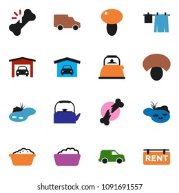 solid vector icon set - drying clothes vector, foam basin, kettle, mushroom, car, broken bone, pond, garage, rent signboard