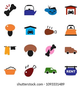 solid vector icon set - drying clothes vector, foam basin, kettle, mushroom, chicken leg, car, broken bone, pond, garage, rent signboard