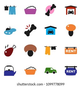 solid vector icon set - drying clothes vector, foam basin, kettle, mushroom, chicken leg, car, broken bone, pond, garage, rent signboard