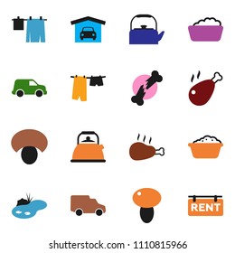 solid vector icon set - drying clothes vector, foam basin, kettle, mushroom, chicken leg, car, broken bone, pond, garage, rent signboard