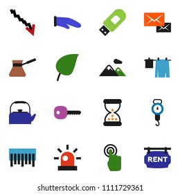 solid vector icon set - drying clothes vector, kettle, scales, cook glove, turk coffee, leaf, crisis, barcode, touchscreen, sand clock, usb modem, mail, key, siren, mountain, rent signboard