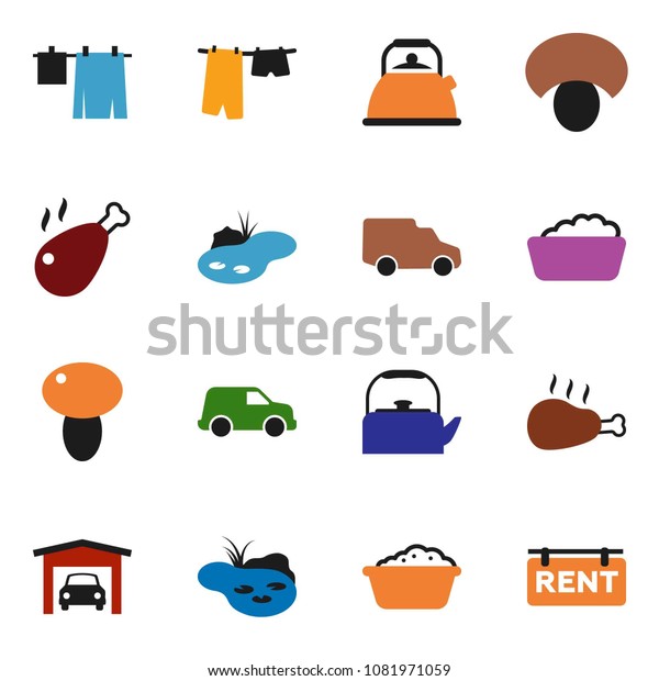 solid vector icon set - drying clothes vector,\
foam basin, kettle, mushroom, chicken leg, car, pond, garage, rent\
signboard
