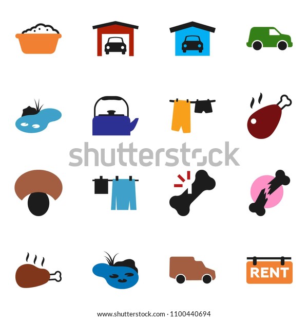 solid vector icon set - drying clothes vector,
foam basin, kettle, mushroom, chicken leg, car, broken bone, pond,
garage, rent signboard