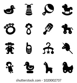 Solid vector icon set - duck toy vector, pyramid, beanbag, rocking horse, wheel, doll, phone, baby carousel, unicorn stick, giraffe