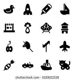 Solid vector icon set - duck toy vector, rocket, marker, sailboat, abacus, beanbag, ufo, block house, yoyo, unicorn stick, windmill, plane, dart, car, boat, cat