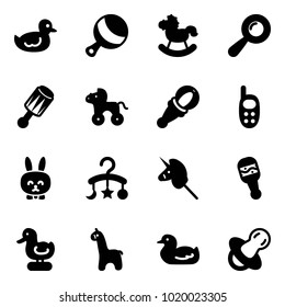 Solid vector icon set - duck toy vector, beanbag, rocking horse, wheel, phone, rabbit, baby carousel, unicorn stick, giraffe, soother