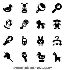 Solid vector icon set - duck toy vector, pyramid, beanbag, teethers, wheel horse, doll, phone, rabbit, baby carousel, unicorn stick, giraffe