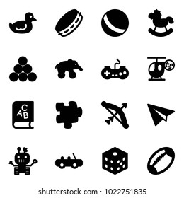 Solid vector icon set - duck toy vector, tambourine, ball, rocking horse, billiards balls, elephant wheel, gamepad, helicopter, abc book, puzzle, bow, paper plane, robot, car, bones, football