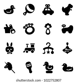 Solid vector icon set - duck toy vector, beanbag, car, dinosaur, shovel bucket, baby, rabbit, train, carousel, wirligig, unicorn stick