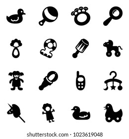 Solid vector icon set - duck toy vector, beanbag, teethers, wheel horse, doll, phone, baby carousel, unicorn stick