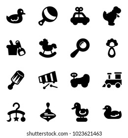 Solid vector icon set - duck toy vector, beanbag, car, dinosaur, shovel bucket, rocking horse, xylophone, baby, train, carousel, wirligig