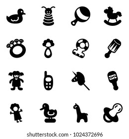 Solid vector icon set - duck toy vector, pyramid, beanbag, rocking horse, teethers, doll, phone, unicorn stick, giraffe, soother