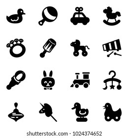 Solid vector icon set - duck toy vector, beanbag, car, rocking horse, wheel, xylophone, rabbit, train, baby carousel, wirligig, unicorn stick