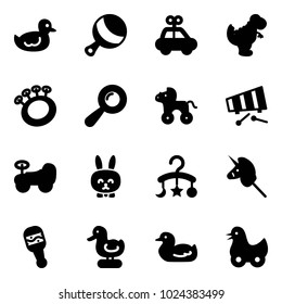 Solid vector icon set - duck toy vector, beanbag, car, dinosaur, wheel horse, xylophone, baby, rabbit, carousel, unicorn stick
