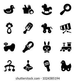 Solid vector icon set - duck toy vector, shovel bucket, rocking horse, beanbag, wheel, xylophone, baby car, rabbit, train, carousel, wirligig