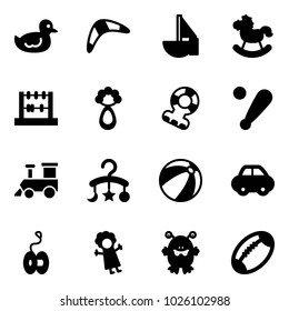 Solid vector icon set - duck toy vector, boomerang, sailboat, rocking horse, abacus, beanbag, teethers, baseball bat, train, baby carousel, beach ball, car, yoyo, doll, monster, football
