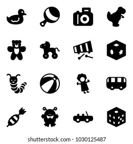 Solid vector icon set - duck toy vector, beanbag, camera, dinosaur, bear, wheel horse, xylophone, cube, caterpillar, beach ball, doll, bus, dart, monster, car, bones