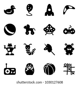 Solid vector icon set - duck toy vector, balloon smile, rocket, boomerang, ball, wheel horse, ufo, gamepad, robot, caterpillar, unicorn stick, monster, radio, russian doll, basketball, Tic tac toe