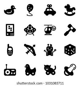 Solid vector icon set - duck toy vector, balloon smile, car, rocking horse, game console, ufo, helicopter, hammer, phone, bow, robot, bones, radio, cat, soother