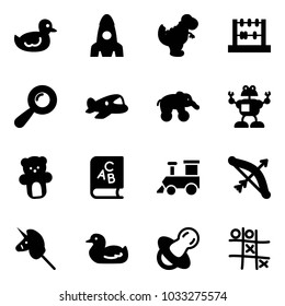 Solid vector icon set - duck toy vector, rocket, dinosaur, abacus, beanbag, plane, elephant wheel, robot, bear, abc book, train, bow, unicorn stick, soother, Tic tac toe