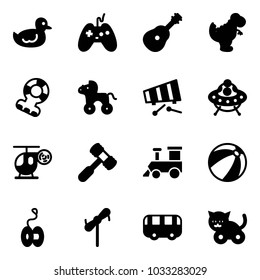 Solid vector icon set - duck toy vector, joystick, guitar, dinosaur, teethers, wheel horse, xylophone, ufo, helicopter, hammer, train, beach ball, yoyo, windmill, bus, cat