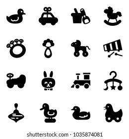 Solid vector icon set - duck toy vector, car, shovel bucket, rocking horse, beanbag, wheel, xylophone, baby, rabbit, train, carousel, wirligig