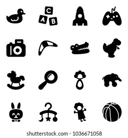 Solid vector icon set - duck toy vector, abc cube, rocket, joystick, camera, boomerang, crocodile, dinosaur, rocking horse, beanbag, elephant wheel, rabbit, baby carousel, doll, basketball