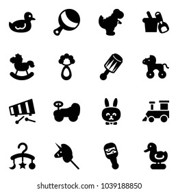 Solid vector icon set - duck toy vector, beanbag, dinosaur, shovel bucket, rocking horse, wheel, xylophone, baby car, rabbit, train, carousel, unicorn stick