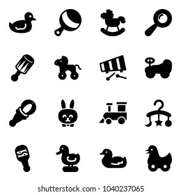 Solid vector icon set - duck toy vector, beanbag, rocking horse, wheel, xylophone, baby car, rabbit, train, carousel