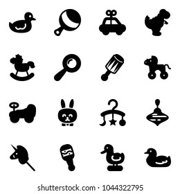 Solid vector icon set - duck toy vector, beanbag, car, dinosaur, rocking horse, wheel, baby, rabbit, carousel, wirligig, unicorn stick