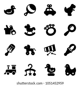 Solid vector icon set - duck toy vector, beanbag, car, dinosaur, shovel bucket, rocking horse, wheel, xylophone, train, baby carousel