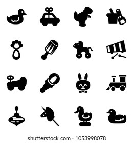 Solid vector icon set - duck toy vector, car, dinosaur, shovel bucket, beanbag, wheel horse, xylophone, baby, rabbit, train, wirligig, unicorn stick