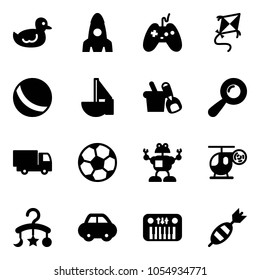 Solid vector icon set - duck toy vector, rocket, joystick, kite, ball, sailboat, shovel bucket, beanbag, truck, soccer, robot, helicopter, baby carousel, car, piano, dart
