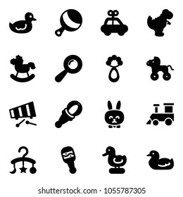 Solid vector icon set - duck toy vector, beanbag, car, dinosaur, rocking horse, wheel, xylophone, rabbit, train, baby carousel