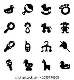 Solid vector icon set - duck toy vector, beanbag, rocking horse, wheel, doll, phone, baby carousel, unicorn stick, giraffe