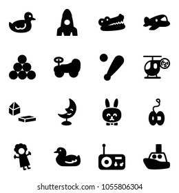 Solid vector icon set - duck toy vector, rocket, crocodile, plane, billiards balls, baby car, baseball bat, helicopter, constructor blocks, moon lamp, rabbit, yoyo, doll, radio, boat